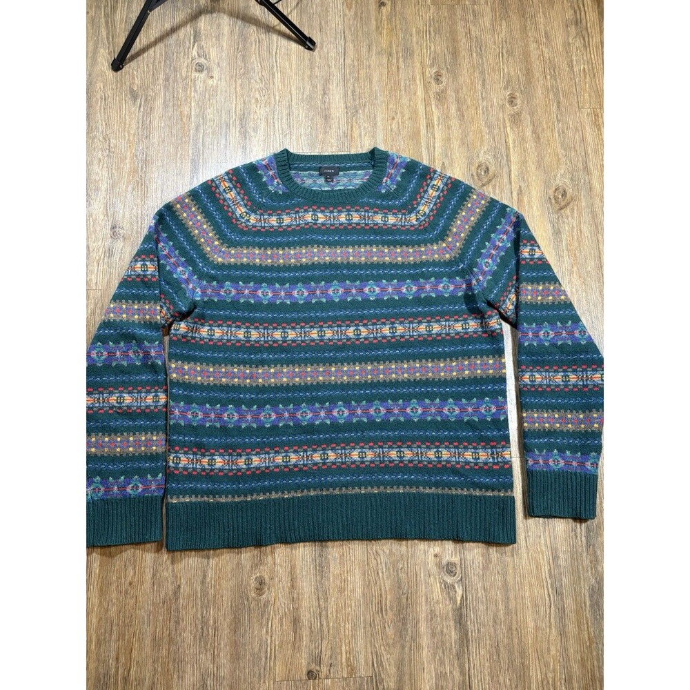 J Crew Lambswool Fair Isle Sweater XL Green Fisherman Nordic Mens